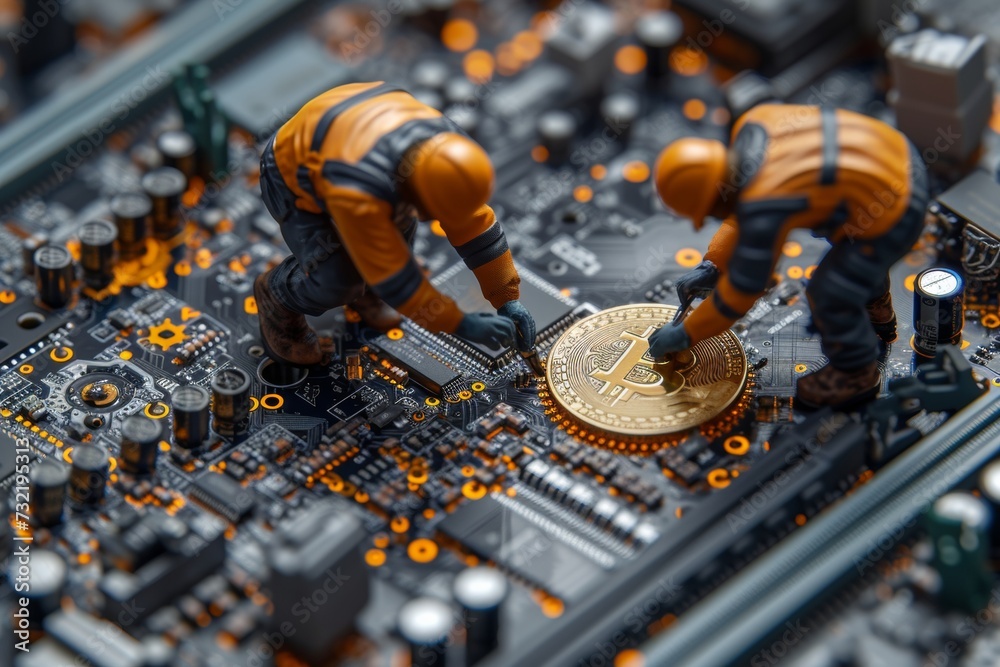 Miniature figures mining bitcoin on a circuit board Miniature figures mining bitcoin on a circuit board