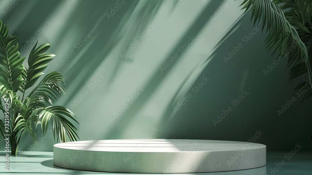 White product display podium with natural green leaves and shadows on grey background under summer sunlight, for advertising cosmetics and natural product presentations. White product display podium with natural green leaves and shadows on grey background under summer sunlight, for advertising cosmetics and natural product presentations.
