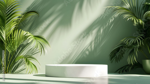 White product display podium with natural green leaves and shadows on grey background under summer sunlight, for advertising cosmetics and natural product presentations. © Some