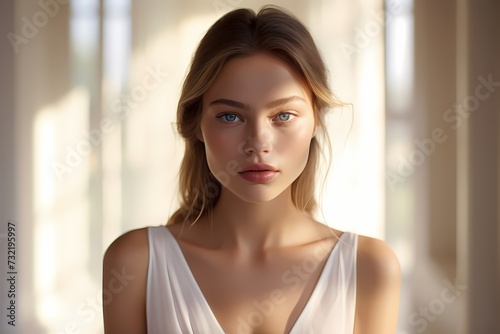 Captivating beauty captured in high definition, a girl in sleeveless white attire exuding radiance, an ideal visual for makeup and skincare campaigns
