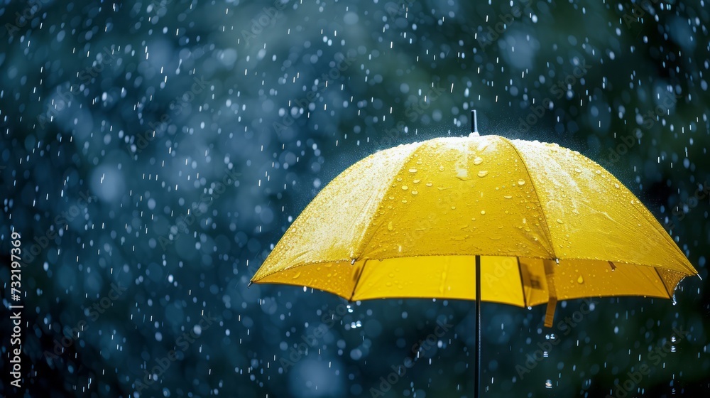 Lonely yellow umbrella under the rain, symbol of the wet rainy season. Contrast, no people , Blurred background, Free space.