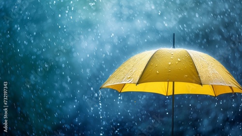 Lonely yellow umbrella under the rain  symbol of the wet rainy season. Contrast  no people   Blurred background  Free space.