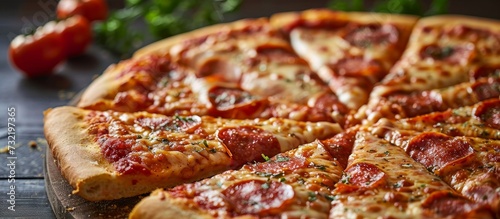 A delicious pepperoni pizza  a classic dish in fast food cuisine  is sliced on a wooden cutting board.