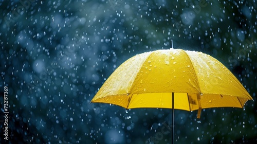 Lonely yellow umbrella under the rain, symbol of the wet rainy season. Contrast, no people , Blurred background, Free space.