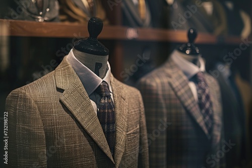 Two suits on display in a store with a mannequin