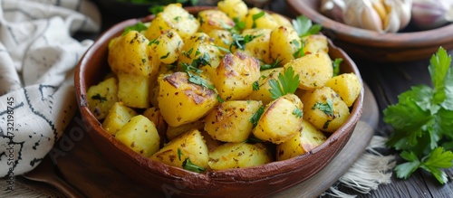 A dish of potatoes seasoned with parsley and garlic, presented on a rustic wooden table. This recipe uses natural produce to create a flavorful and nutritious staple food.