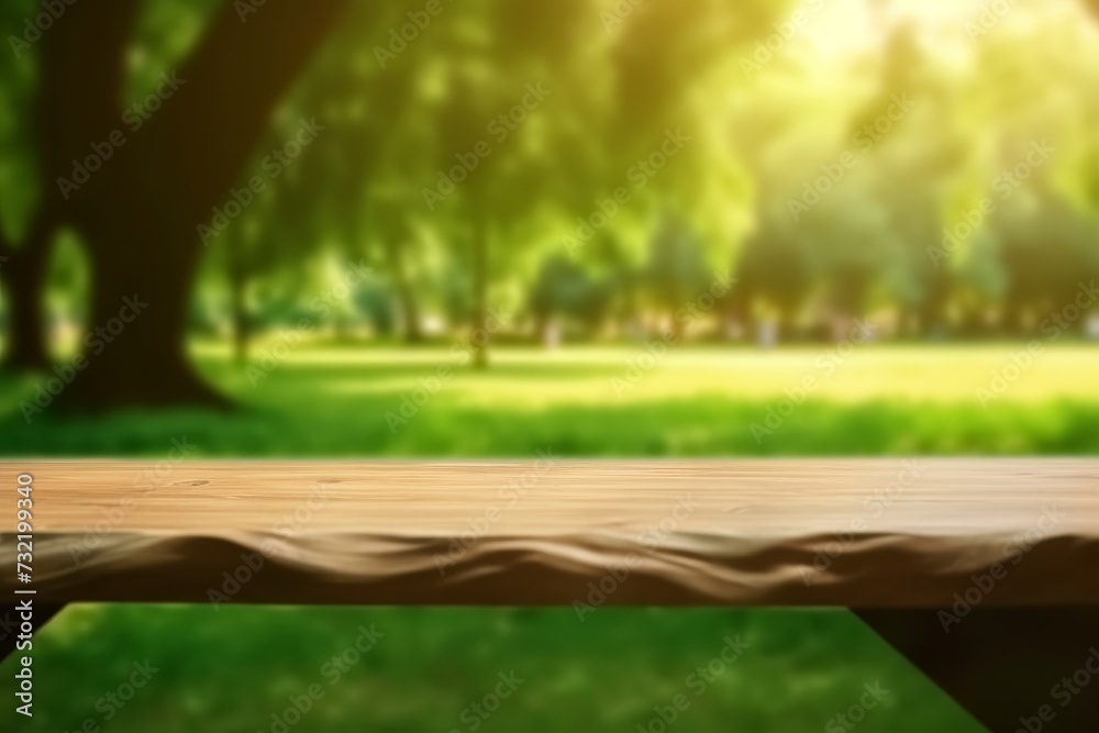 Empty wood table and defocused bokeh and blur background of garden trees with sunlight. product display template. Empty wood table and defocused bokeh and blur background of garden trees with sunlight. product display template.