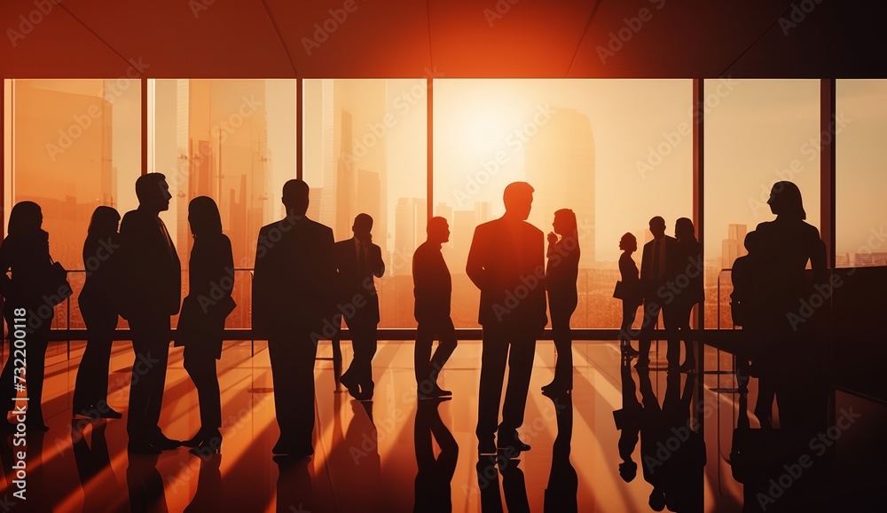 silhouette of a group of people discussing in a room in the afternoon