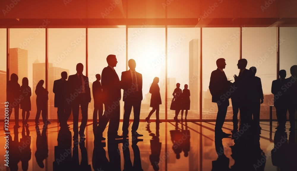silhouette of a group of people discussing in a room in the afternoon silhouette of a group of people discussing in a room in the afternoon