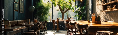Tables and chairs in a restaurant with a tree in the background photo
