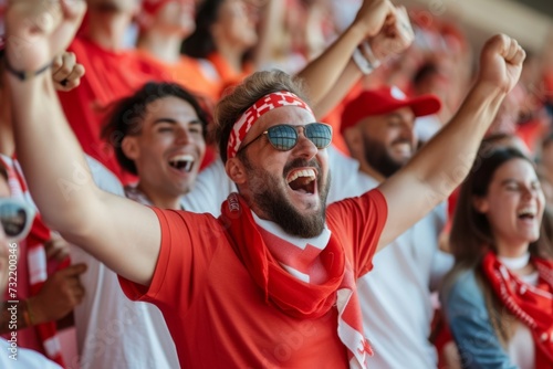 Ecstatic sports fan in red, caught in the peak of celebration, the embodiment of team spirit and joy.