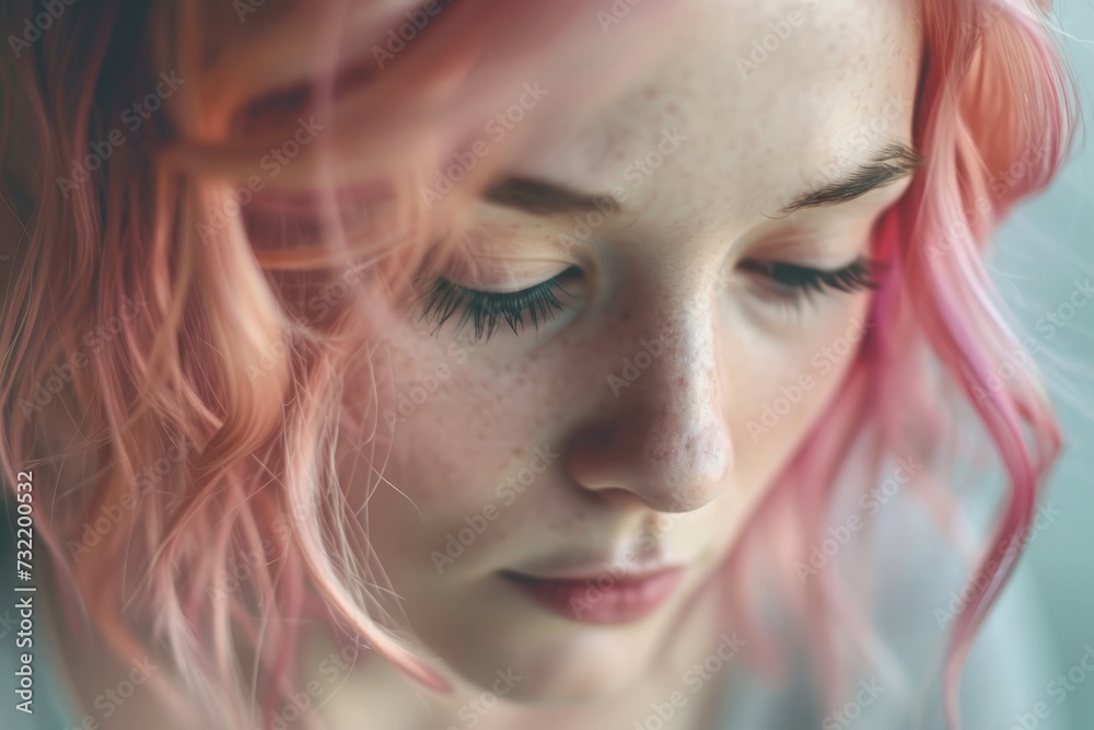 Softly focused woman with vibrant pink hair, a dreamy ambiance and a whisper of wistfulness.

