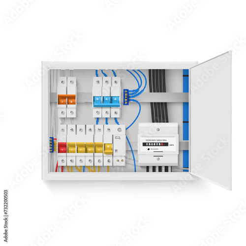 Distribution board electrical panel switch fuse wire automatic circuit breaker realistic vector
