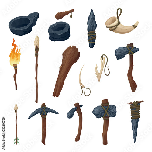Primitive tools ancient stone knife barbarian rock stick prehistoric weapon set isometric vector