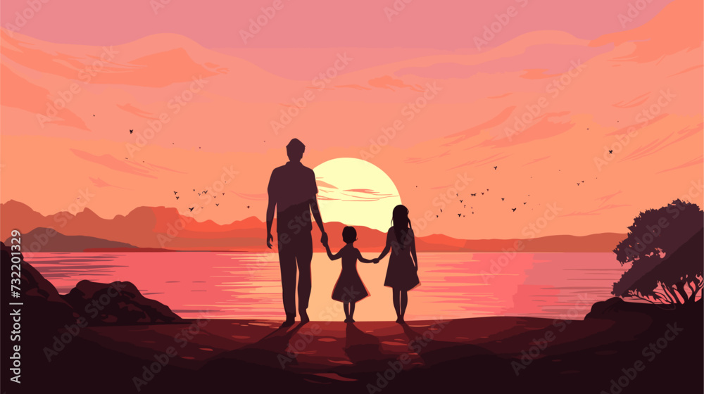 Silhouettes of a family enjoying a sunset on the beach  encapsulating the serenity and harmony of familial relationships. simple minimalist illustration creative