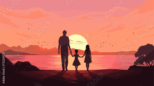 Silhouettes of a family enjoying a sunset on the beach  encapsulating the serenity and harmony of familial relationships. simple minimalist illustration creative © J.V.G. Ransika