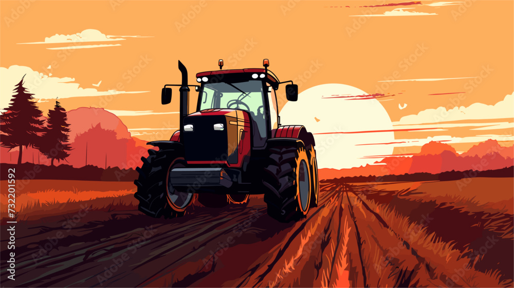 Vector graphic of a tractor plowing a field during sunrise illustrating the tireless dedication and vital role of tractors in the farming routine. simple minimalist illustration creative Vector graphic of a tractor plowing a field during sunrise illustrating the tireless dedication and vital role of tractors in the farming routine. simple minimalist illustration creative