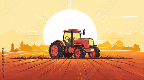 Vector graphic of a tractor plowing a field during sunrise  illustrating the tireless dedication and vital role of tractors in the farming routine. simple minimalist illustration creative