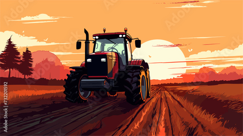 Vector graphic of a tractor plowing a field during sunrise  illustrating the tireless dedication and vital role of tractors in the farming routine. simple minimalist illustration creative photo