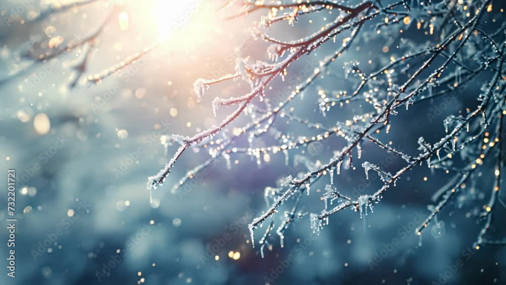 Closeup of a snowcovered tree branch the frozen droplets shimmering under the Arctic Glow and creating a fairy talelike scene.