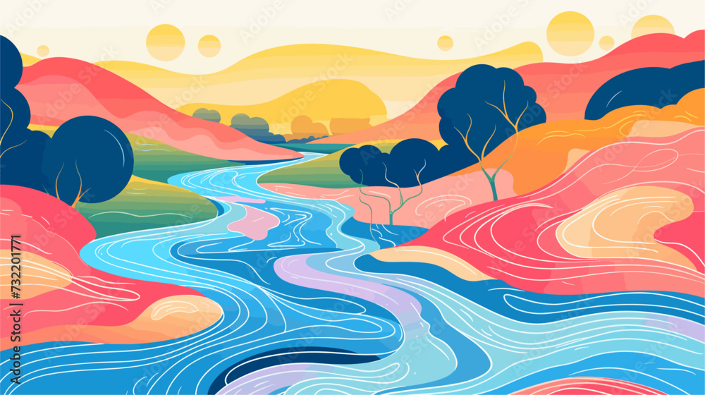 Vector graphic of a vibrant river winding through the rainforest  emphasizing the role of waterways in supporting the diverse and interdependent life forms within these ecosystems. simple minimalist - obrazy, fototapety, plakaty 