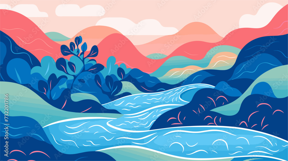 Vector graphic of a vibrant river winding through the rainforest  emphasizing the role of waterways in supporting the diverse and interdependent life forms within these ecosystems. simple minimalist