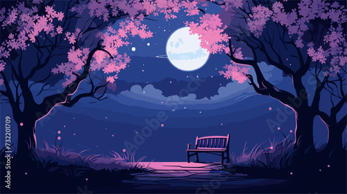 Vector illustration of a serene night scene in a floral bower  blending nature and tranquility under the moonlit sky with delicate flowers. simple minimalist illustration creative