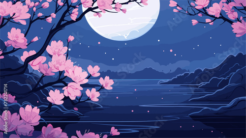 Vector illustration of a serene night scene in a floral bower  blending nature and tranquility under the moonlit sky with delicate flowers. simple minimalist illustration creative photo