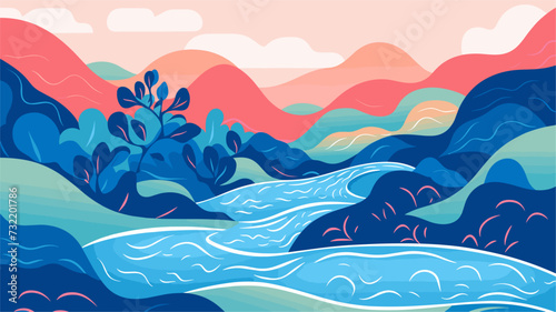 Vector graphic of a vibrant river winding through the rainforest emphasizing the role of waterways in supporting the diverse and interdependent life forms within these ecosystems. simple minimalist