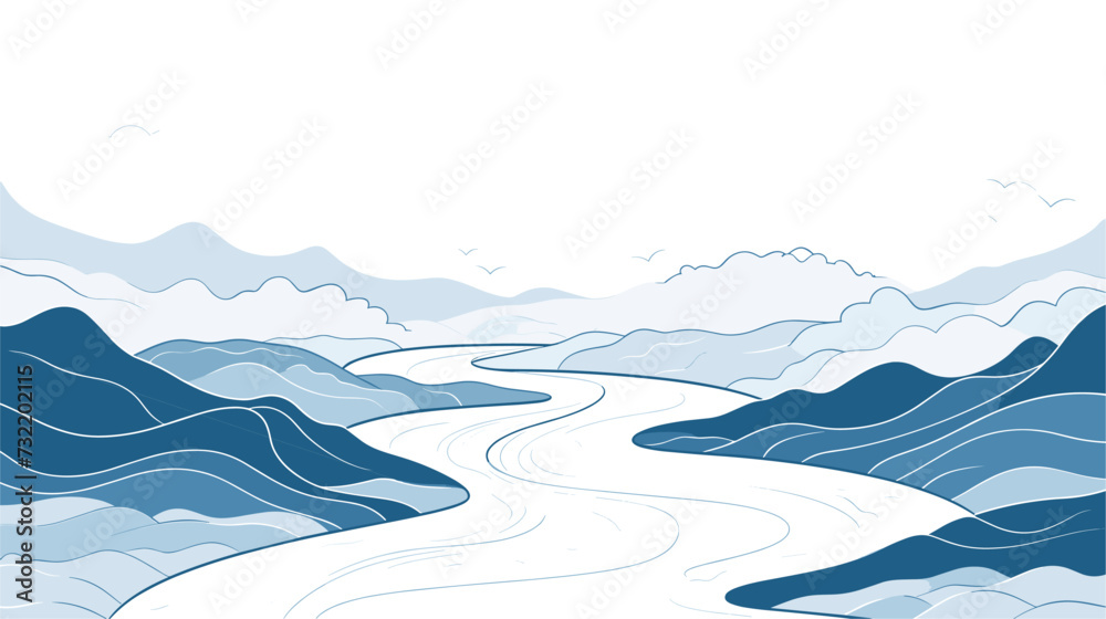 Digital design featuring an aerial top view of a winding river through a valley  highlighting the meandering beauty of waterways in natural environments. simple minimalist illustration creative