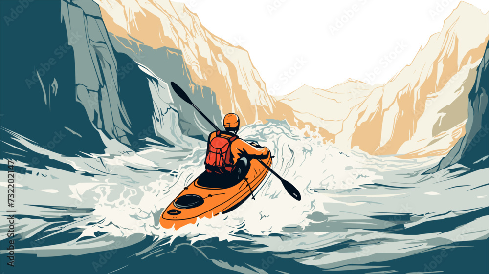 Obraz premium Digital graphic of a kayaker in a challenging waterfall descent showcasing the daring spirit and thrill-seeking adventure of whitewater enthusiasts. simple minimalist illustration creative