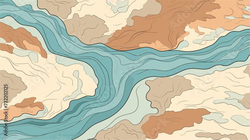 Digital design featuring an aerial top view of a winding river through a valley  highlighting the meandering beauty of waterways in natural environments. simple minimalist illustration creative