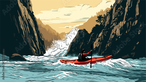 Digital graphic of a kayaker in a challenging waterfall descent  showcasing the daring spirit and thrill-seeking adventure of whitewater enthusiasts. simple minimalist illustration creative