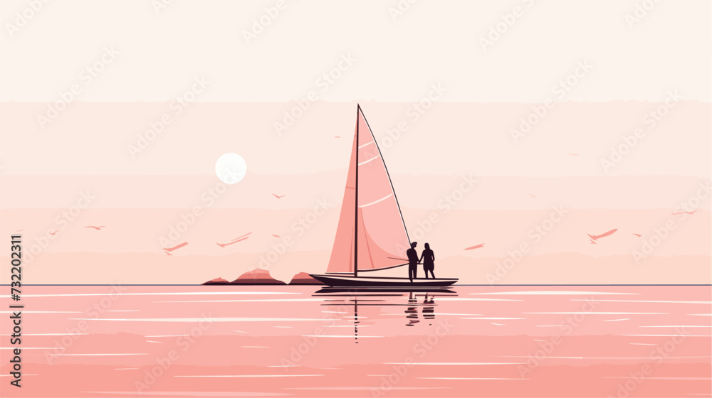 Vector graphic of a sailboat with a couple enjoying the sea breeze  illustrating the romantic and leisurely aspects of sailing. simple minimalist illustration creative - obrazy, fototapety, plakaty 