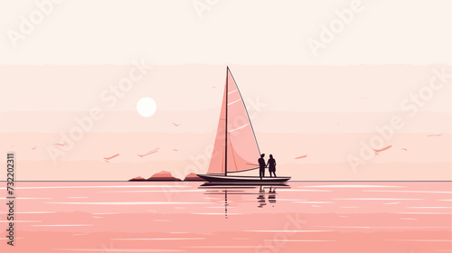 Vector graphic of a sailboat with a couple enjoying the sea breeze illustrating the romantic and leisurely aspects of sailing. simple minimalist illustration creative