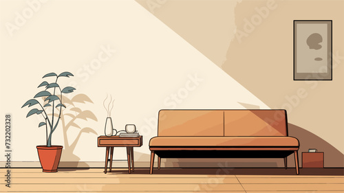 Digital graphic featuring a stylized representation of a minimalist living room with clean lines  showcasing the serene and uncluttered atmosphere associated with modern living spaces. simple