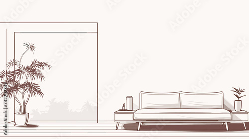 Digital graphic featuring a stylized representation of a minimalist living room with clean lines  showcasing the serene and uncluttered atmosphere associated with modern living spaces. simple