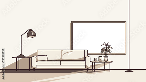 Digital graphic featuring a stylized representation of a minimalist living room with clean lines  showcasing the serene and uncluttered atmosphere associated with modern living spaces. simple