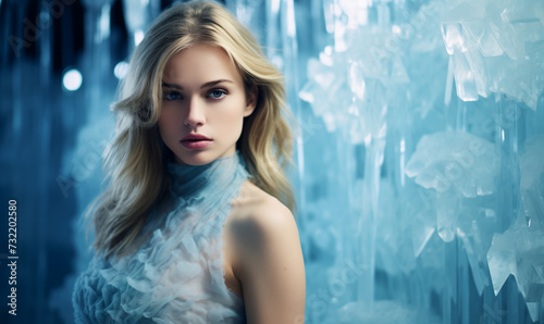 blonde hair woman in ice frost frozen room winter background with copy space © pijav4uk
