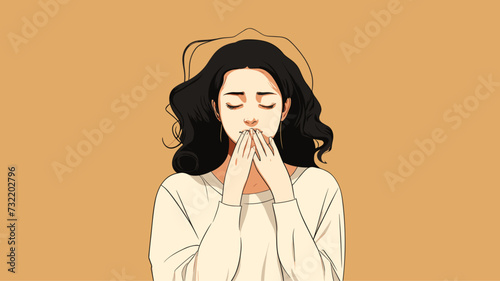 Illustration of a female figure with head bowed and hands on temples  suggesting stress  reflection  or challenging moments (頭を抱える女性). simple minimalist illustration creative
