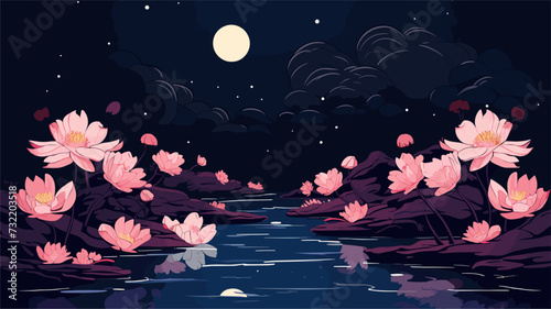 Illustration of a tranquil pond surrounded by blooming flowers under the night sky  emphasizing the serenity and reflective quality of a floral bower. simple minimalist illustration creative
