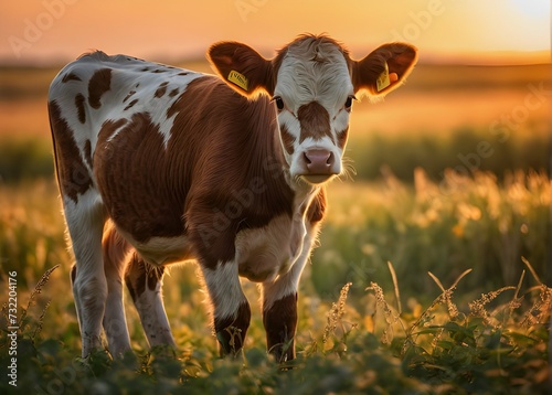 Beautiful young calf in the field at sunset