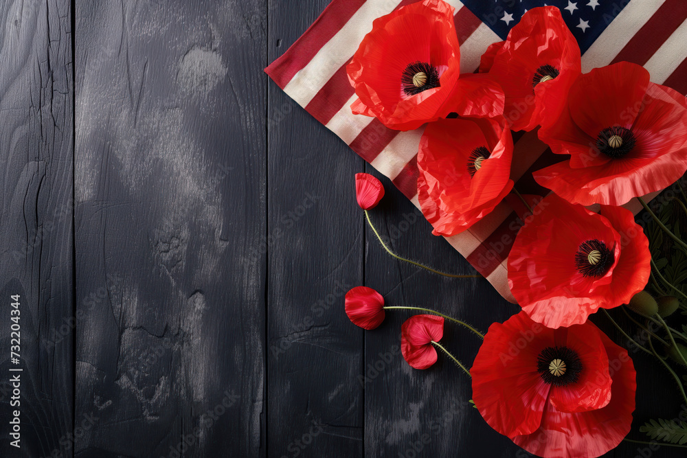 Poppy flower represents remembrance and honor on American flag in