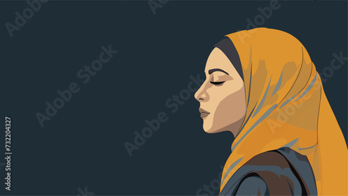 Abstract background with Islamic-inspired motifs surrounding a Muslim woman  reflecting the cultural richness and diversity within the global Muslim community. simple minimalist illustration creative