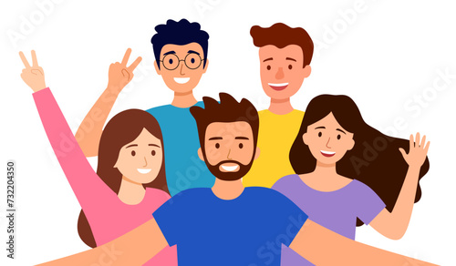 Friend group taking selfie photo together in flat design on white background.
