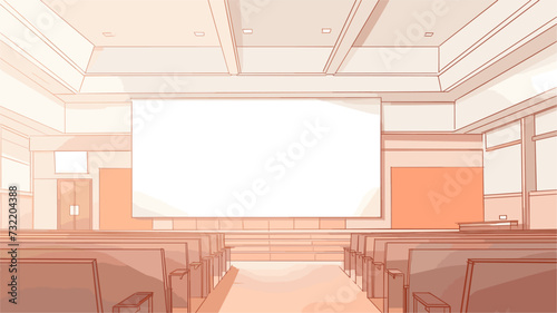 Digital design of a lecture hall with a speaker and attentive listeners  depicting the focused and intellectual atmosphere during educational presentations. simple minimalist illustration creative