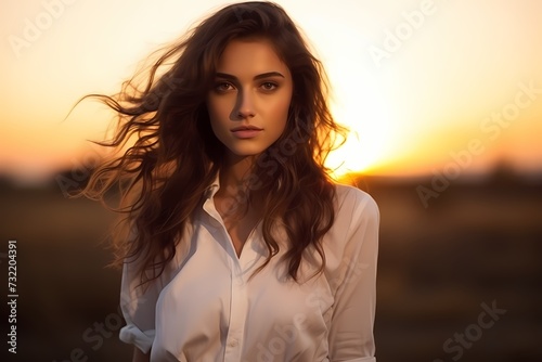 A model radiates natural beauty in simple attire, captured in the soft glow of dawn, showcasing the magic of early morning light.