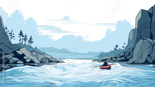 Digital design of a whitewater kayaking scene with cascading water and rocky terrain  depicting the natural beauty and challenges of river exploration. simple minimalist illustration creative