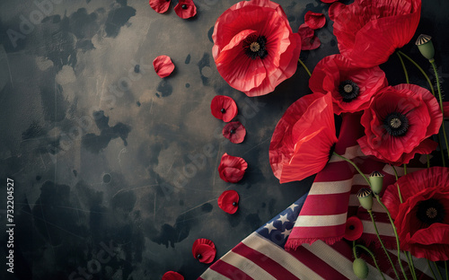 Remembrance poppy flower as a symbol USA for Memorial Day, Veterans day on American flag AI Generative