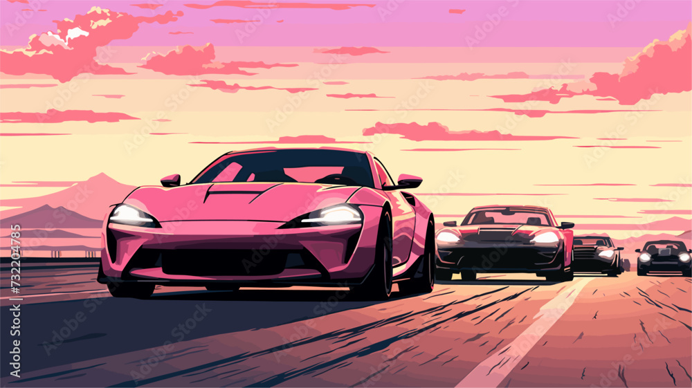 Highway scene with a dynamic array of modern vehicles  showcasing the speed and energy associated with contemporary automotive culture. simple minimalist illustration creative